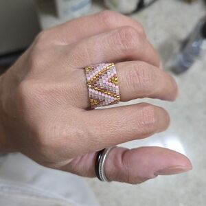 Handcrafted Pink and Gold Beaded Ring